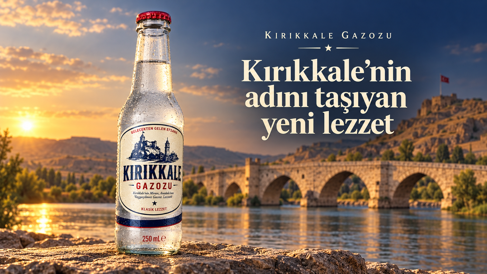 Gün batımında tarihi köprü önünde Kırıkkale Gazozu. Kırıkkale’nin adını taşıyan yeni lezzet.